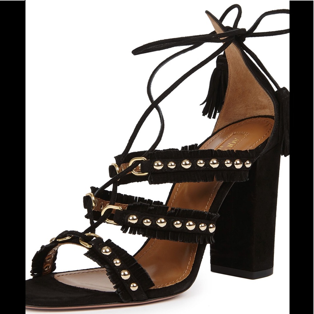 Aquazzura Tulum Fringed Suede Sandal, Black 38.5